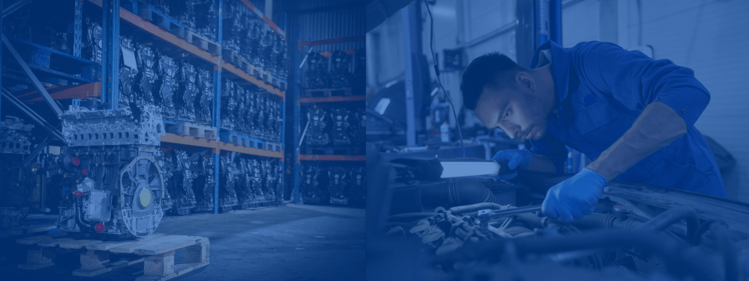 Visuel qui met en avant un moteur de véhicule utilitaire Renault Master 3 M9T et les stocks disponibles sur les racks de l'entrepôt France Moteurs Utilitaires.