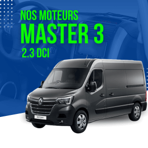 Visuel qui met en avant les moteurs Master 3 2.3 DCI avec une photo du Renault Master 3.