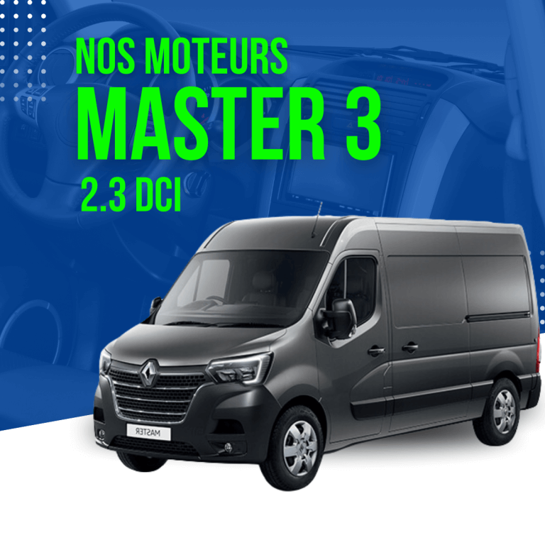 Visuel qui met en avant les moteurs Master 3 2.3 DCI avec une photo du Renault Master 3.