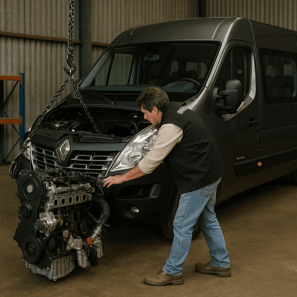Mécanicien remplaçant un moteur Renault Master 3 dans un atelier